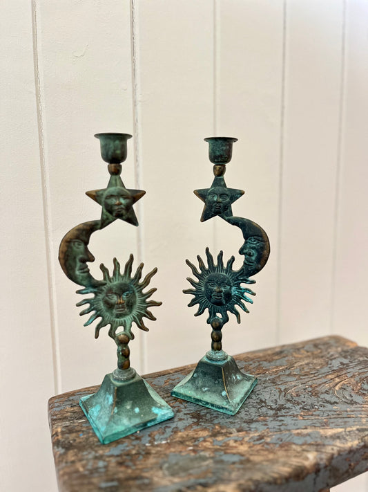 Vintage sun, moon & star candlestick holder (pair)