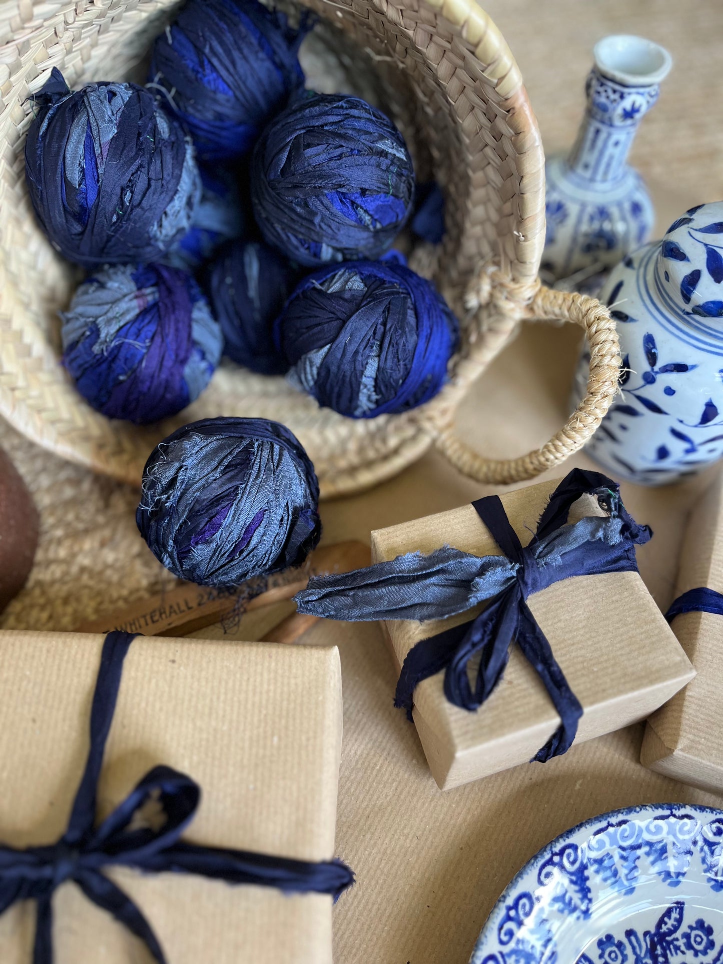 Recycled silk sari ribbon - Winter Blues