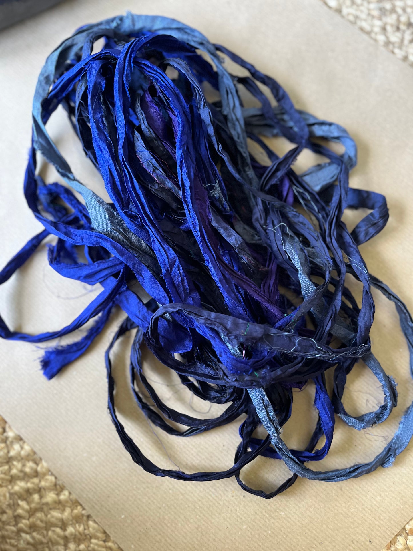 Recycled silk sari ribbon - Winter Blues