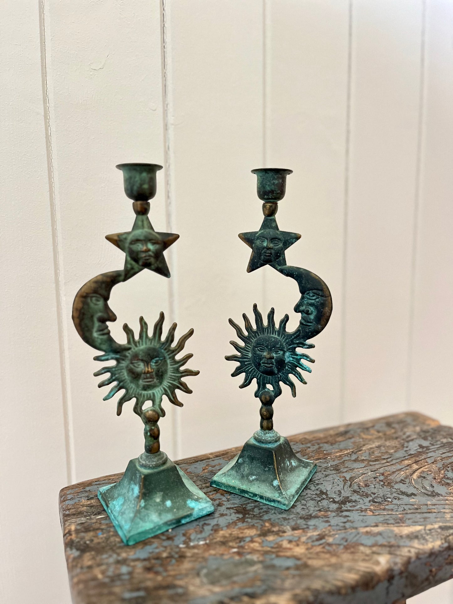 Vintage sun, moon & star candlestick holder (pair)
