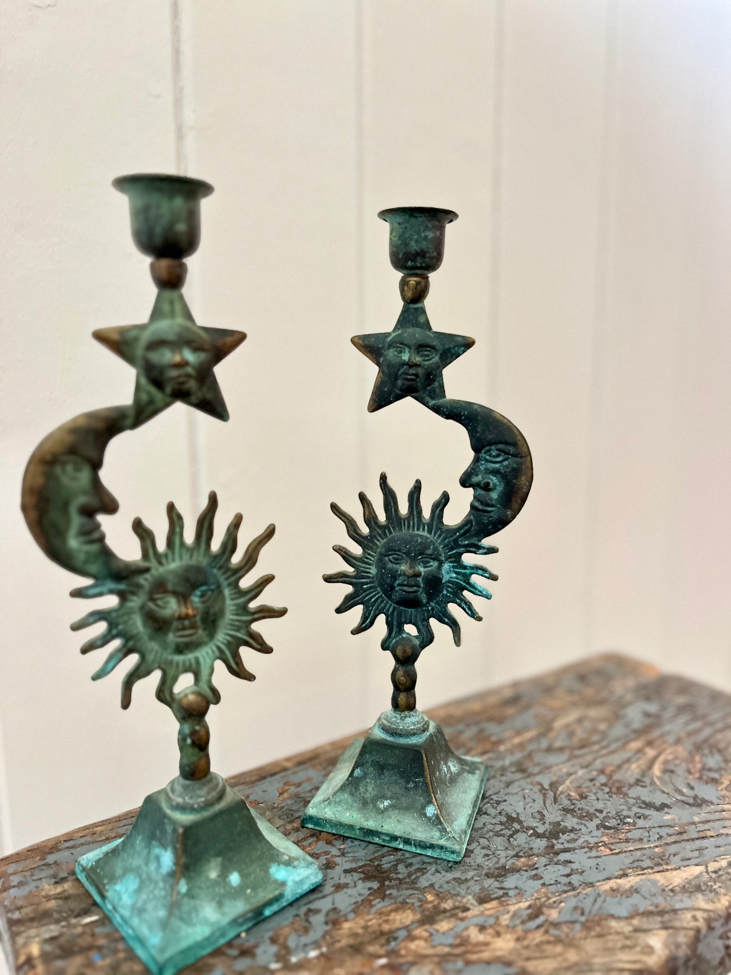 Vintage sun, moon & star candlestick holder (pair)
