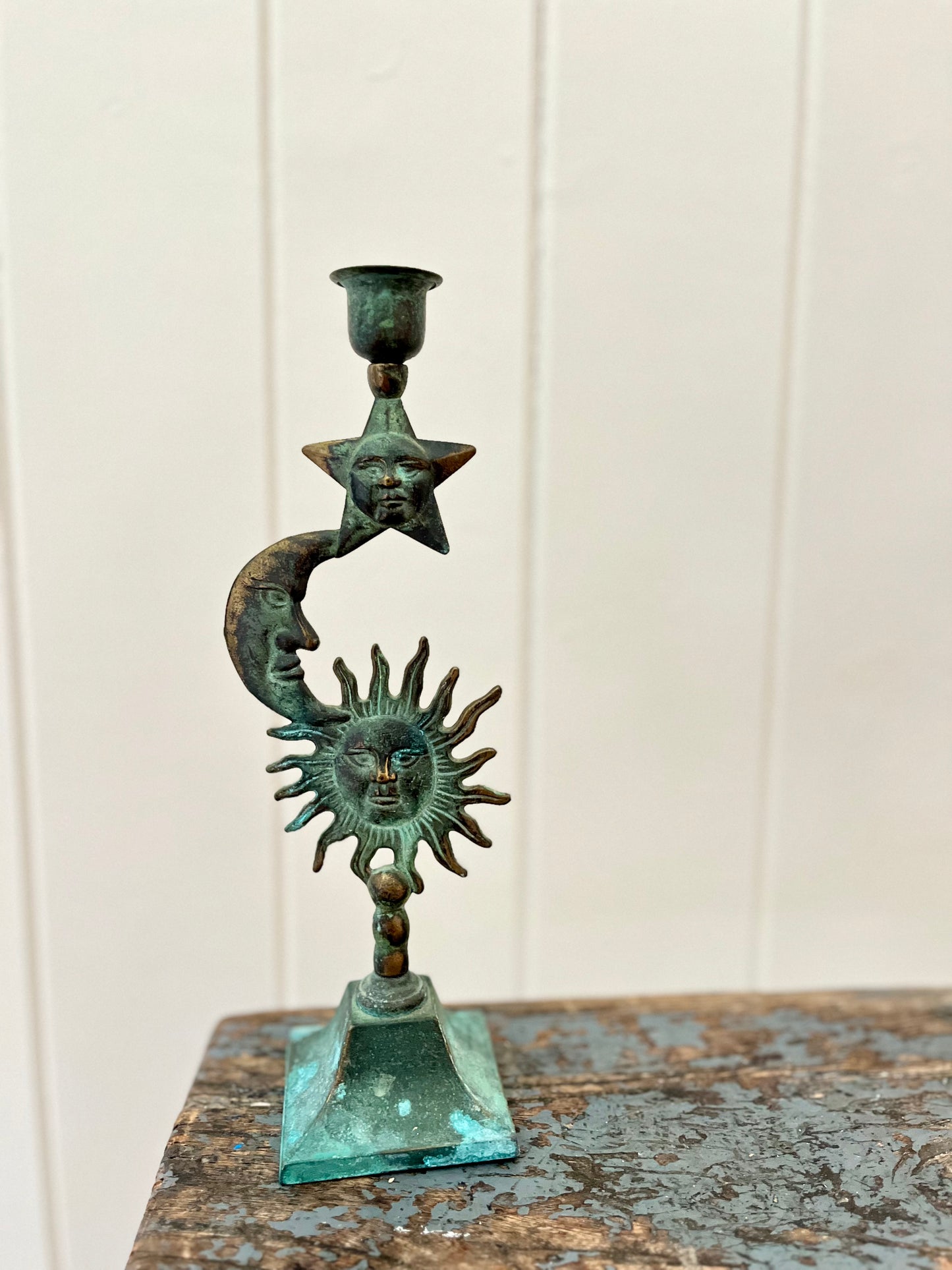 Vintage sun, moon & star candlestick holder (pair)