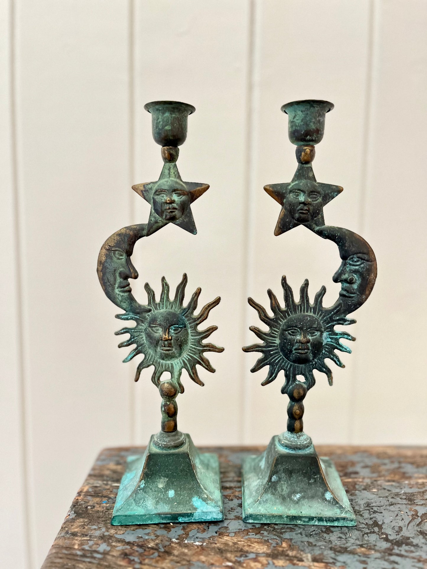 Vintage sun, moon & star candlestick holder (pair)