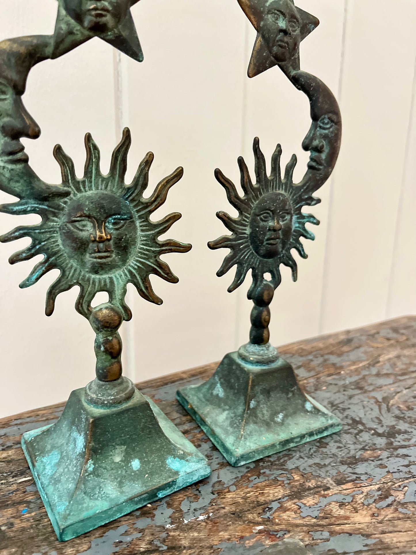 Vintage sun, moon & star candlestick holder (pair)