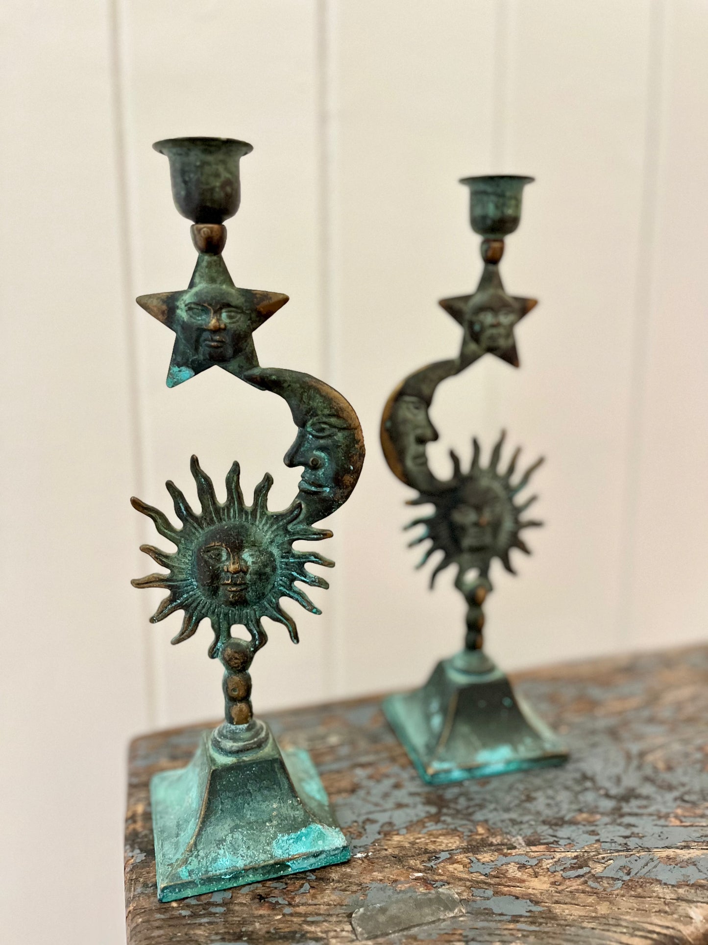 Vintage sun, moon & star candlestick holder (pair)